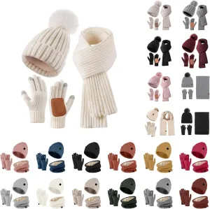 Winter Knit Beanie Hat Neck Warmer Scarf and Touchscreen Gloves Set 3 Pcs for Men Women Hoodie Lined Skull Cap