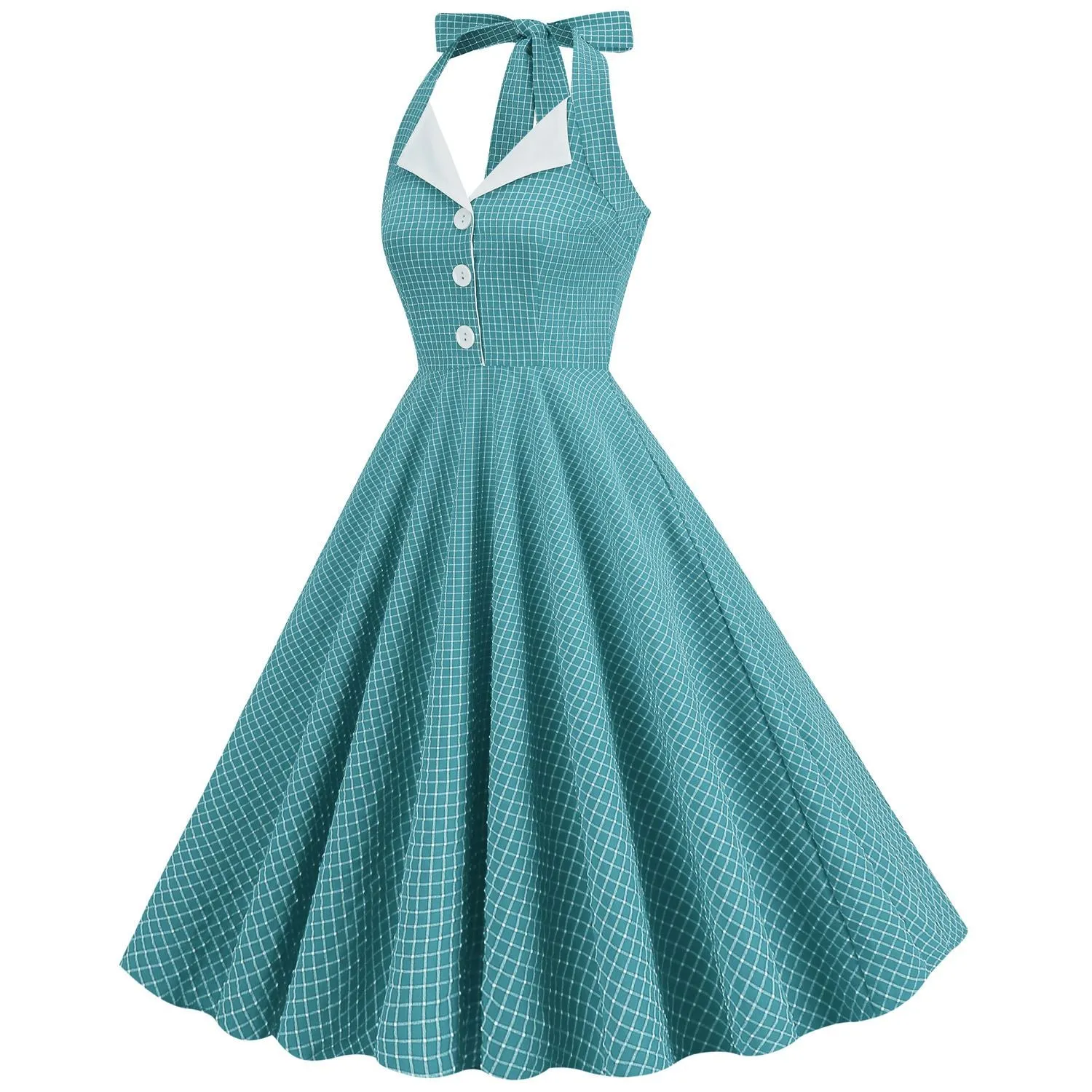 Women 50s Vintage Polka Dot Halter Cocktail Swing Dress Buttons 1950s Audrey Hepburn Dress