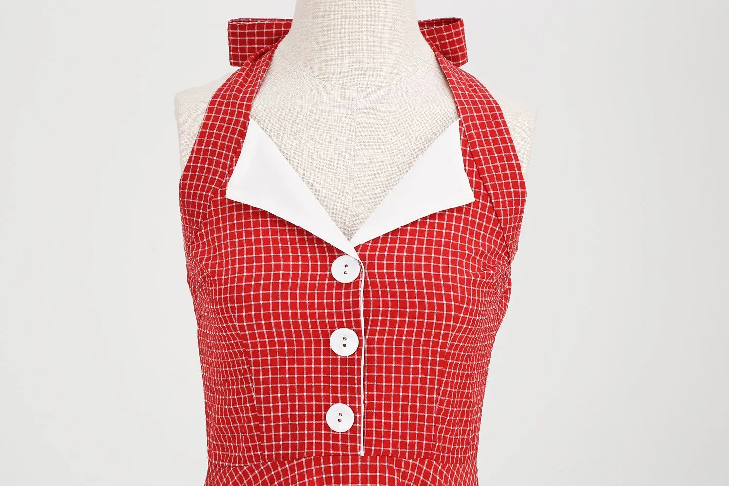 Women 50s Vintage Polka Dot Halter Cocktail Swing Dress Buttons 1950s Audrey Hepburn Dress