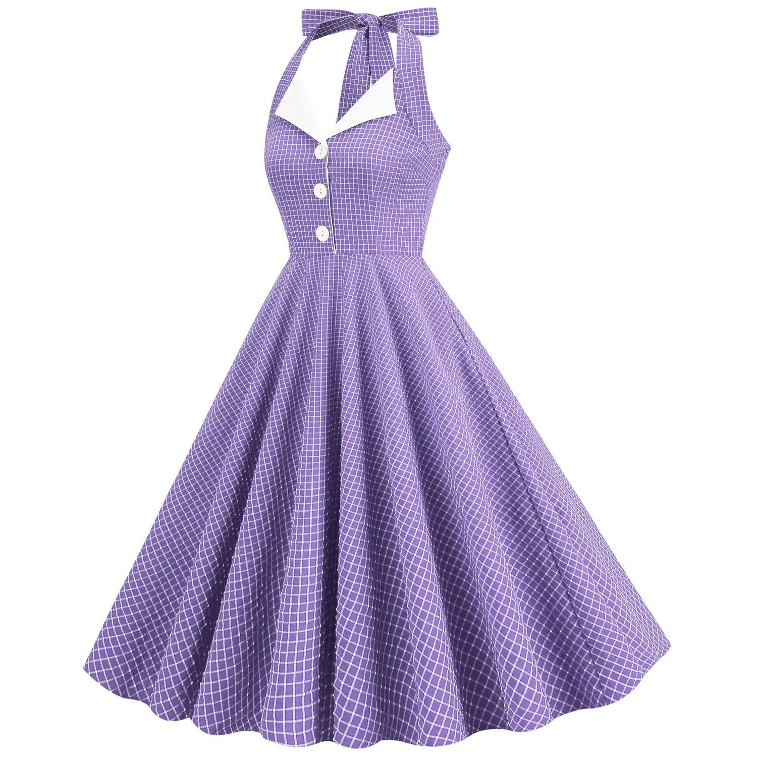 Women 50s Vintage Polka Dot Halter Cocktail Swing Dress Buttons 1950s Audrey Hepburn Dress
