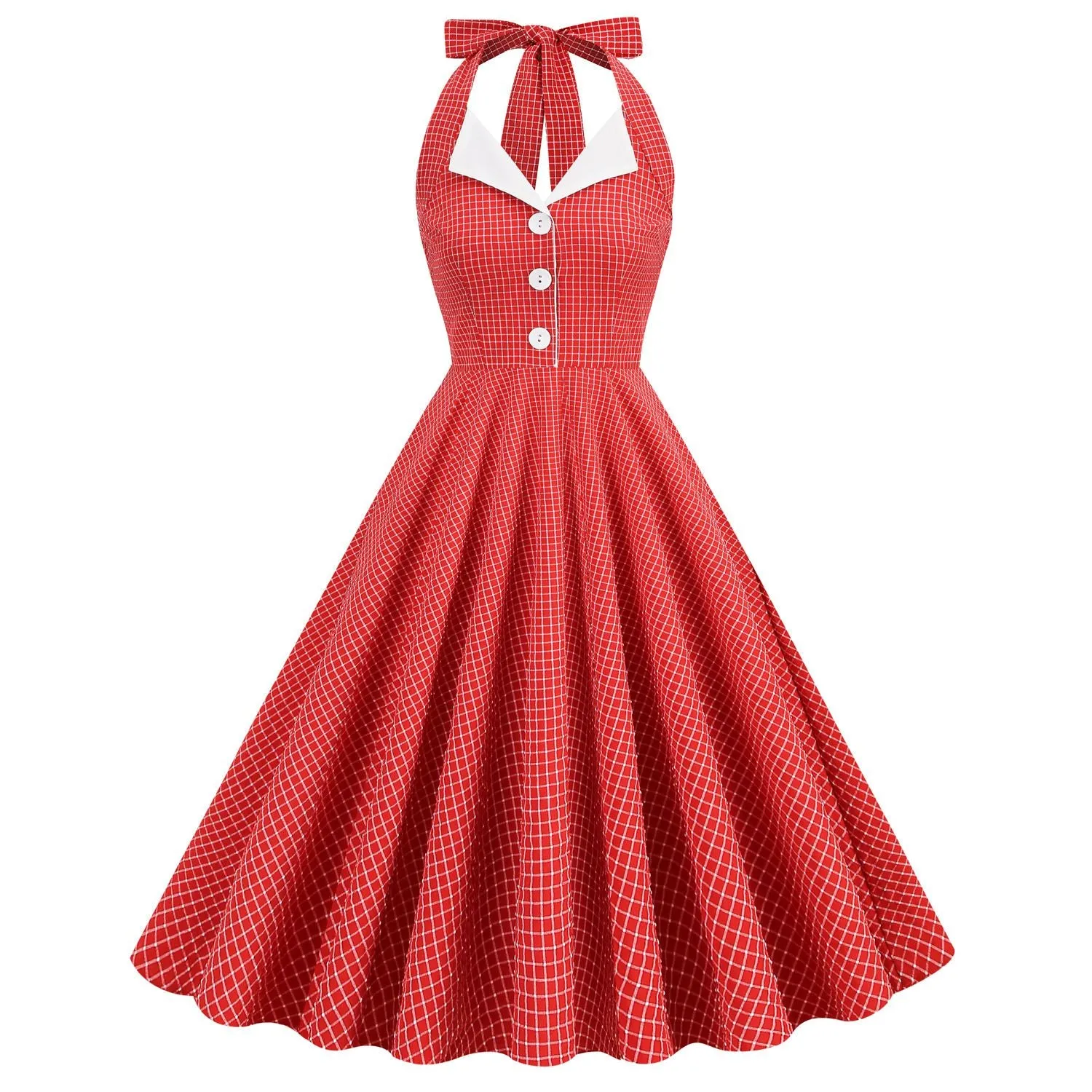 Women 50s Vintage Polka Dot Halter Cocktail Swing Dress Buttons 1950s Audrey Hepburn Dress