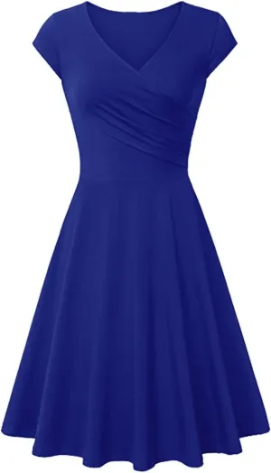 Women Short Retro Vintage Cocktail Dress Wrap V Neck Short Sleeve A Line Work Formal Wedding Guest Midi Dress