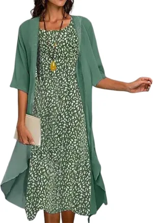 Women's Casual 2 Piece Set 2025 Summer Fashion Outfits Floral Print Midi Dress with Jacket Loose Irregular Hem Dress