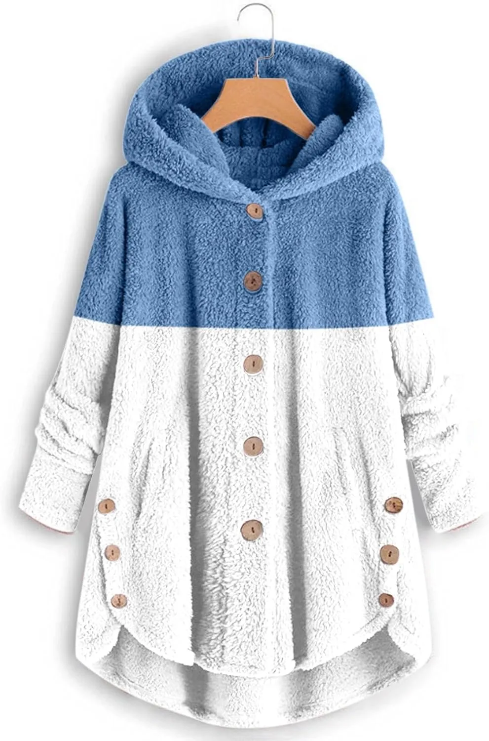 Womens Fuzzy Fleece Jacket Button Hem Plus Size Hoodie Top Sweater Blouse Outerwear with Pockets Snow Jackets for