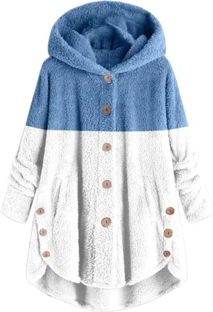Womens Fuzzy Fleece Jacket Button Hem Plus Size Hoodie Top Sweater Blouse Outerwear with Pockets Snow Jackets for
