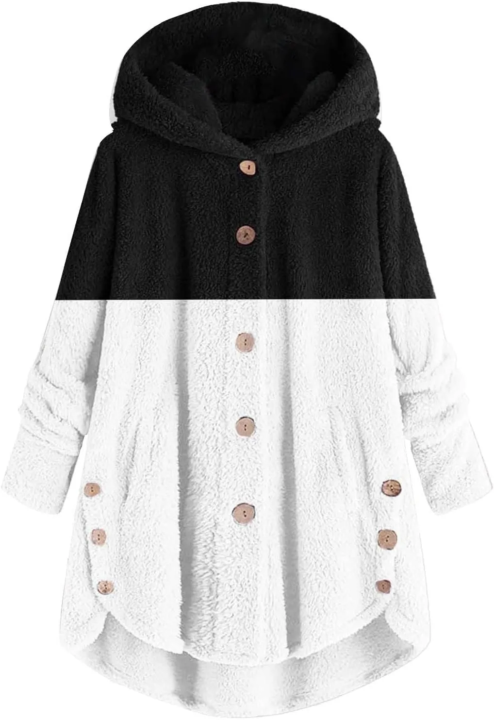 Womens Fuzzy Fleece Jacket Button Hem Plus Size Hoodie Top Sweater Blouse Outerwear with Pockets Snow Jackets for