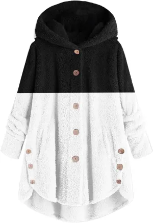 Womens Fuzzy Fleece Jacket Button Hem Plus Size Hoodie Top Sweater Blouse Outerwear with Pockets Snow Jackets for