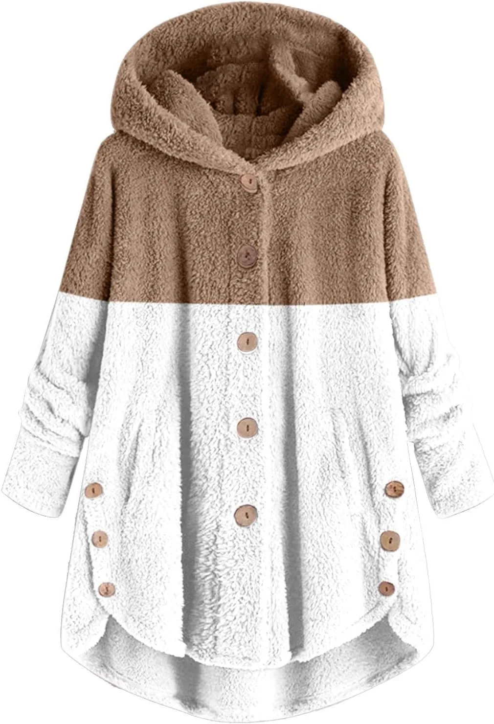 Womens Fuzzy Fleece Jacket Button Hem Plus Size Hoodie Top Sweater Blouse Outerwear with Pockets Snow Jackets for