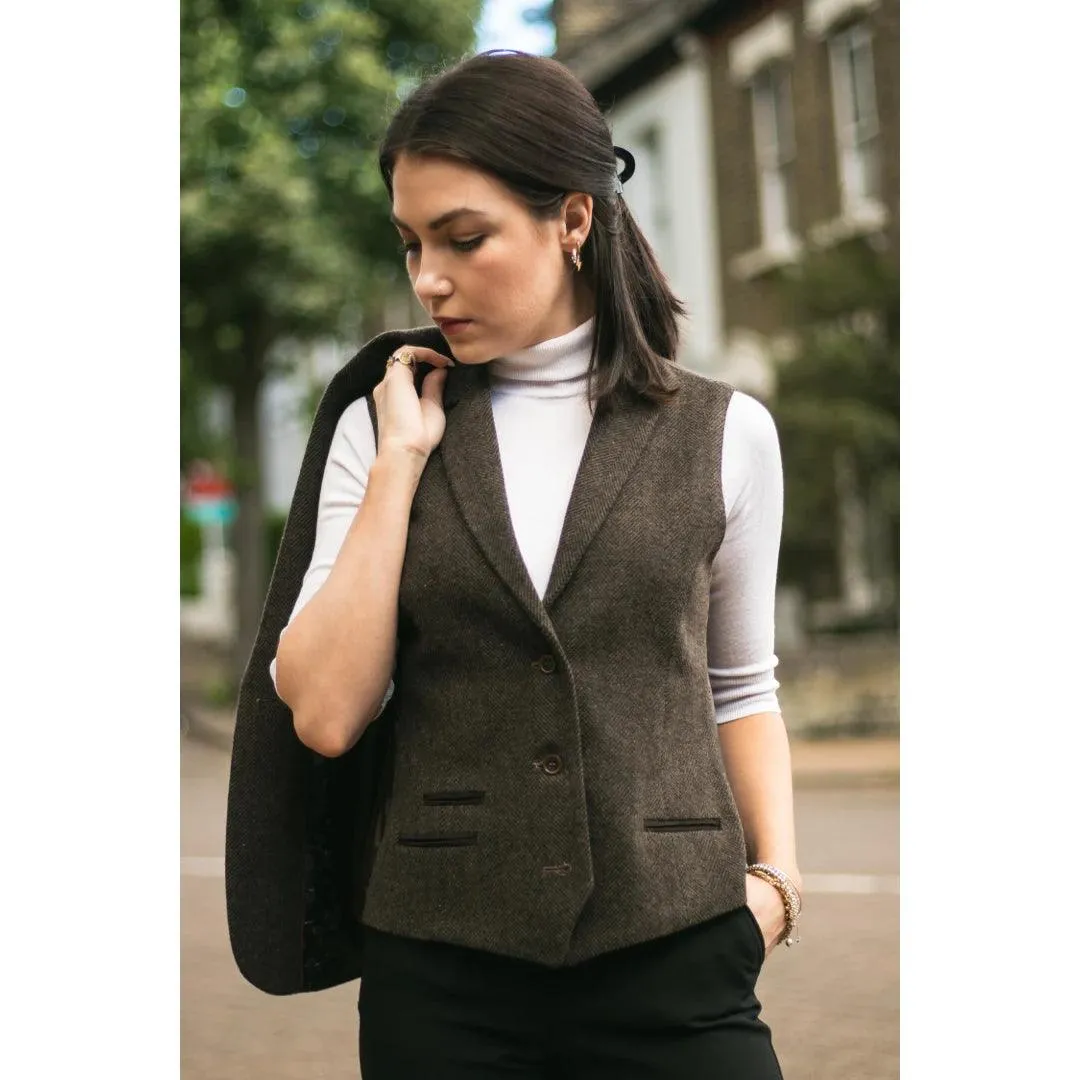Womens Tweed Herringbone Blazer Jacket Waistcoat Brown 1920s Vintage Tailored
