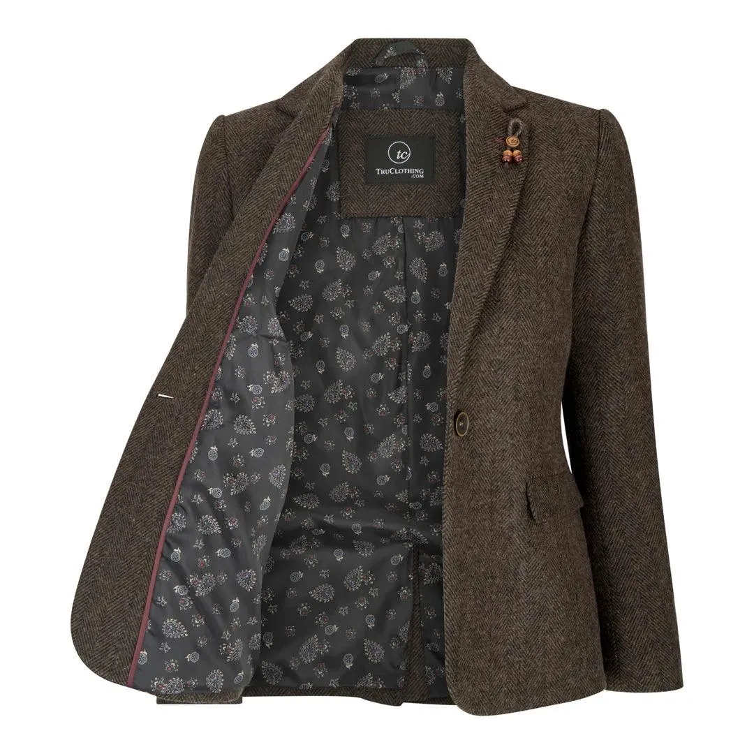 Womens Tweed Herringbone Blazer Jacket Waistcoat Brown 1920s Vintage Tailored